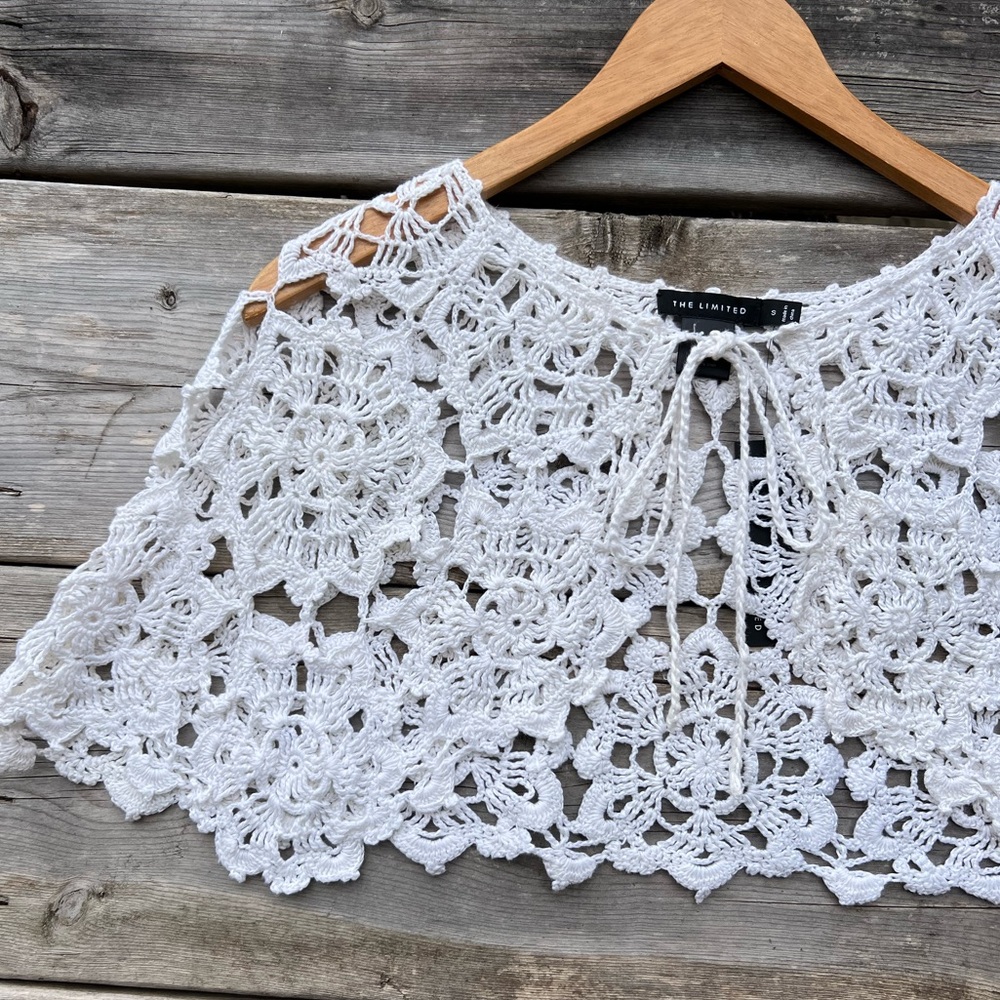 The Limited Linen Crochet Cape White Knit Bolero Size Small - Picture 2 of 5
